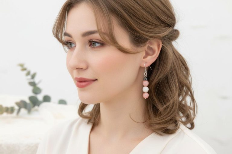 Dangle earrings with pink rhodochrosite beads, freshwater pearl accents, hematite rondelles, and sterling silver hooks.