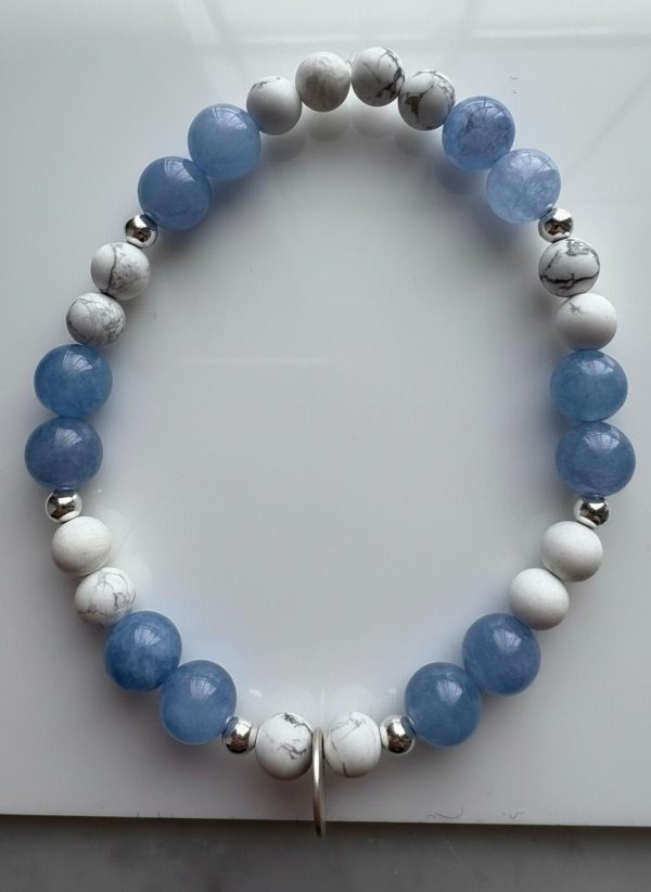 Aquamarine & Howlite Bracelet — Sterling Silver Beads with Matte Silver Disc