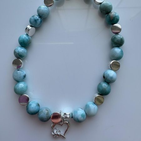 Larimar Round Bead Stretch Bracelet — Sterling Silver Heart & Spacer Beads
