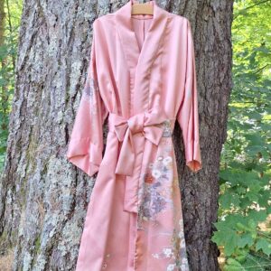 Kimono Jacket Long made of Japanese Vintage Kimono Fabric Antique Kimono Gown Kimono Robe Silk with Flower Print shining coral pink relaxing