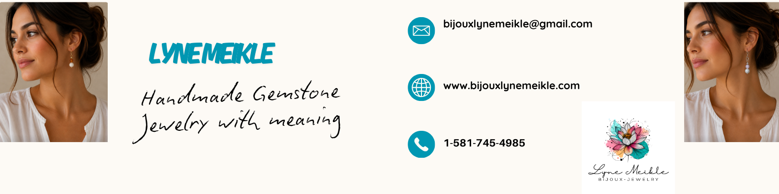 Bijoux Lyne Meikle banner featuring handmade gemstone jewelry, including bracelets and earrings made with natural stones, sterling silver, and gold-filled details.