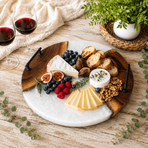 Handcrafted Round Walnut & White Epoxy Charcuterie Board with Handles – Cheese & Serving Board