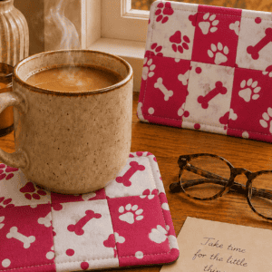 Red Paw Print & Bone Patchwork Mug Rug Coaster Set of 2