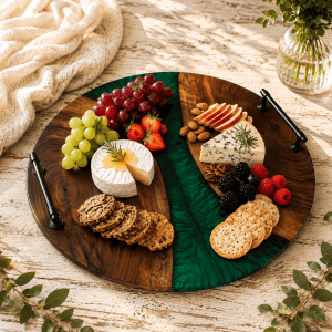 Handcrafted Round Walnut & White Epoxy Charcuterie Board with Handles – Cheese & Serving Board