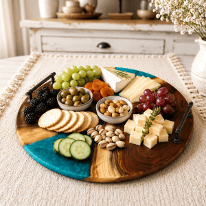 Handcrafted Round Walnut & White Epoxy Charcuterie Board with Handles – Cheese & Serving Board