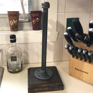 Industrial Paper Towel Holder: Steampunk Style, Stained Wood Base