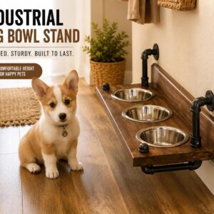 Floating dog bowl stand, knotty pine feeder, rustic wall shelf