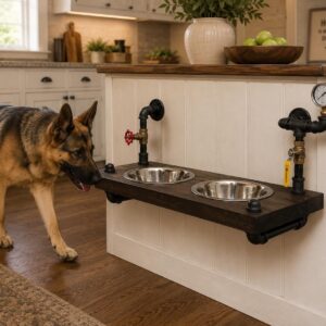 Floating steampunk dog bowl stand with gauges and shutoff valve