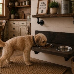 Floating Dog Bowl Feeder: Bottom Mount, Industrial Style, No Visible Pipes